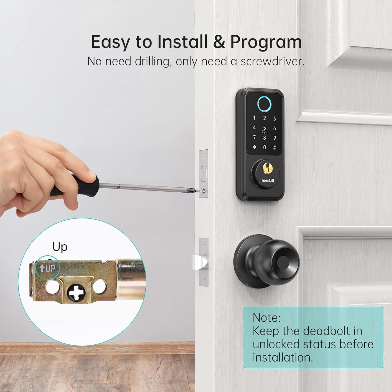 Smart Lock for Front Door Lock Set - Keyless Entry Deadbolt with Handle Knob - Electronic Door Lock with Keypad - Hornbill Smart Door Lock Handle Set - Smart Deadbolt Code App Unlock