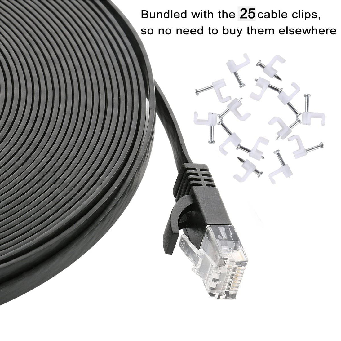 Ethernet Cable Cat6 Flat 75 ft with Cable Clips, jadaol Network Patch Cable with Rj45 Connectors - 75 Feet Black (22 Meters)