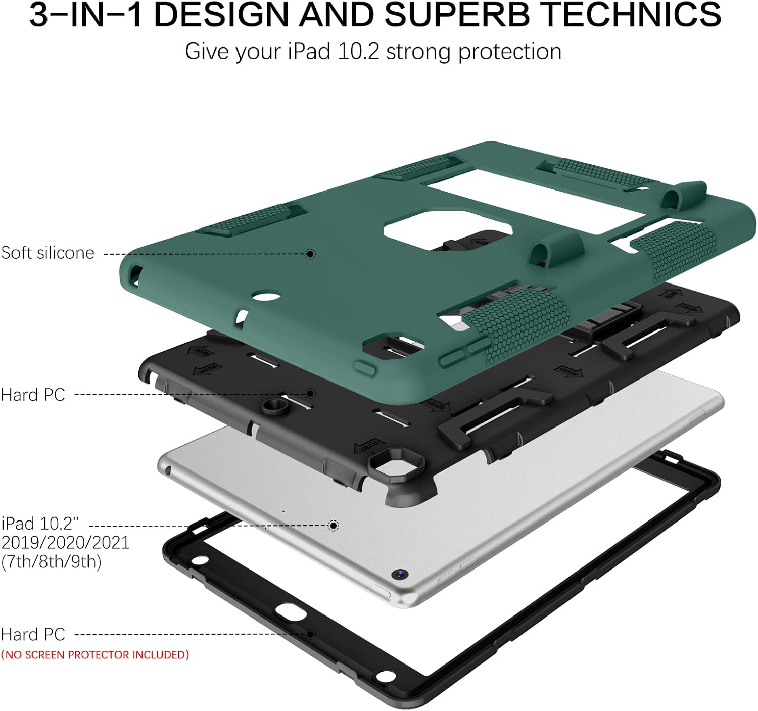 BENTOBEN iPad 9th Generation Case, iPad 8th Generation Case, iPad 7th Gen Case,iPad 10.2 Case, 3 in 1 Heavy Duty Rugged Shockproof Kickstand Hybrid Bumper Protective Girl Women Boy Cover, Dark Green