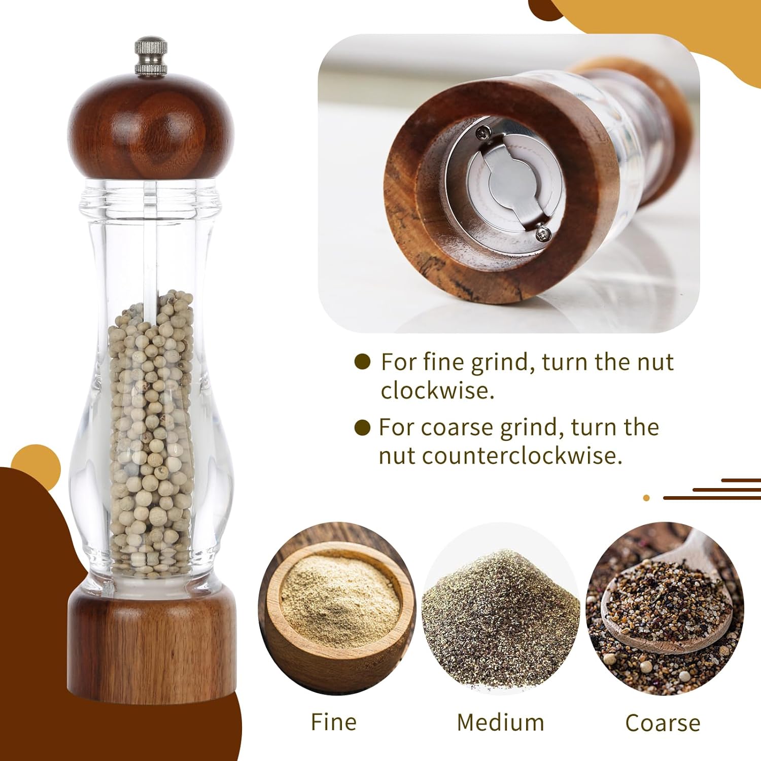 Ken's Kitchen Acrylic Salt and Pepper Grinder, Manual Salt and Pepper Mills, Wooden Shakers with Adjustable Ceramic Core,Salt Grinder and Pepper Mill, 8 Inches,1 Pack