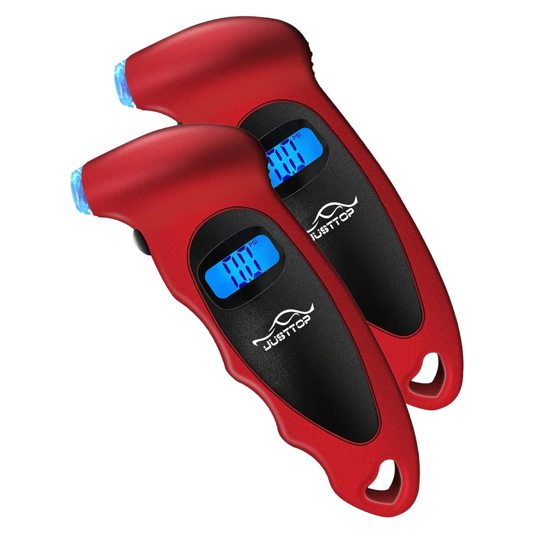 JUSTTOP 2 Pack Digital Tire Pressure Gauge, 150PSI 4 Setting for Cars, Trucks and Bicycles, Backlit LCD and Anti-Skid Grip for Easy and Accurate Reading(Red)