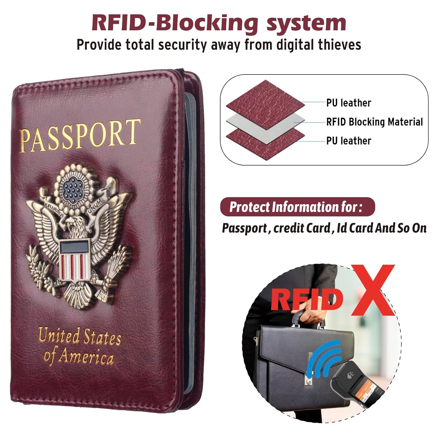 RFID Passport Holder Cover for Travel Passport Wallet Case for Women Men, Waterproof Leather Passport and Ticket Organizer Travel Documents Carrier Protector US Passport Book with Vaccine Card Slot, Wine, Rfid Wallet