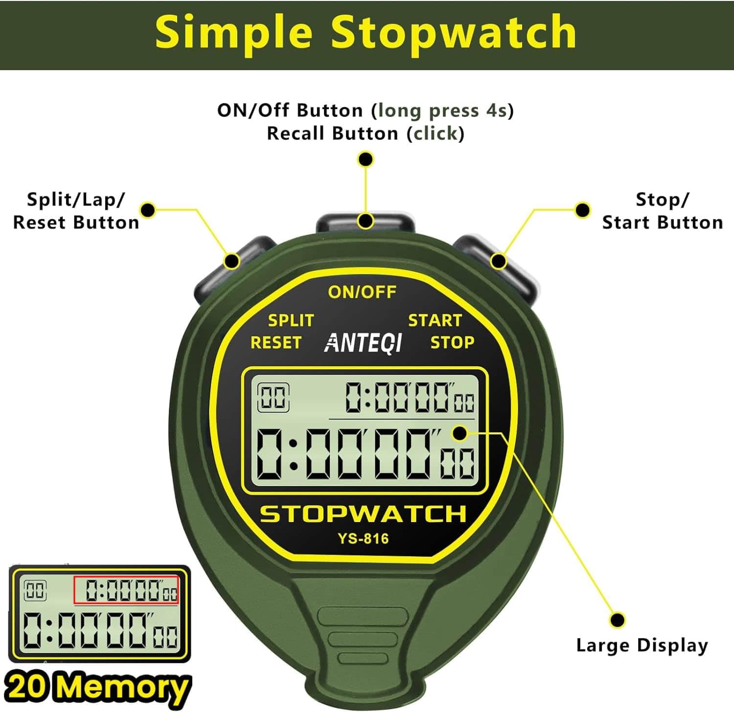 ANTEQI Stopwatch Waterproof with ON/Off Function, Digital Simple Stopwatch Timer with 20-Laps Split Memory, No Clock No Calendar No Alarm, Silent Stop Watch for Sports Coaches Swimming Running