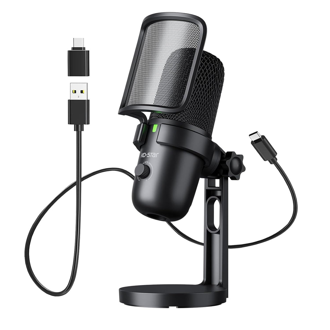 KO-STAR Gaming USB Microphone，PC Computer Mic with 2 Polar Patterns for Podcast Streaming Conference Recording YouTube, Pop Filter,Shock Mount,Gain knob & Monitoring Jack for Twitch, Discord, PS5/PS4
