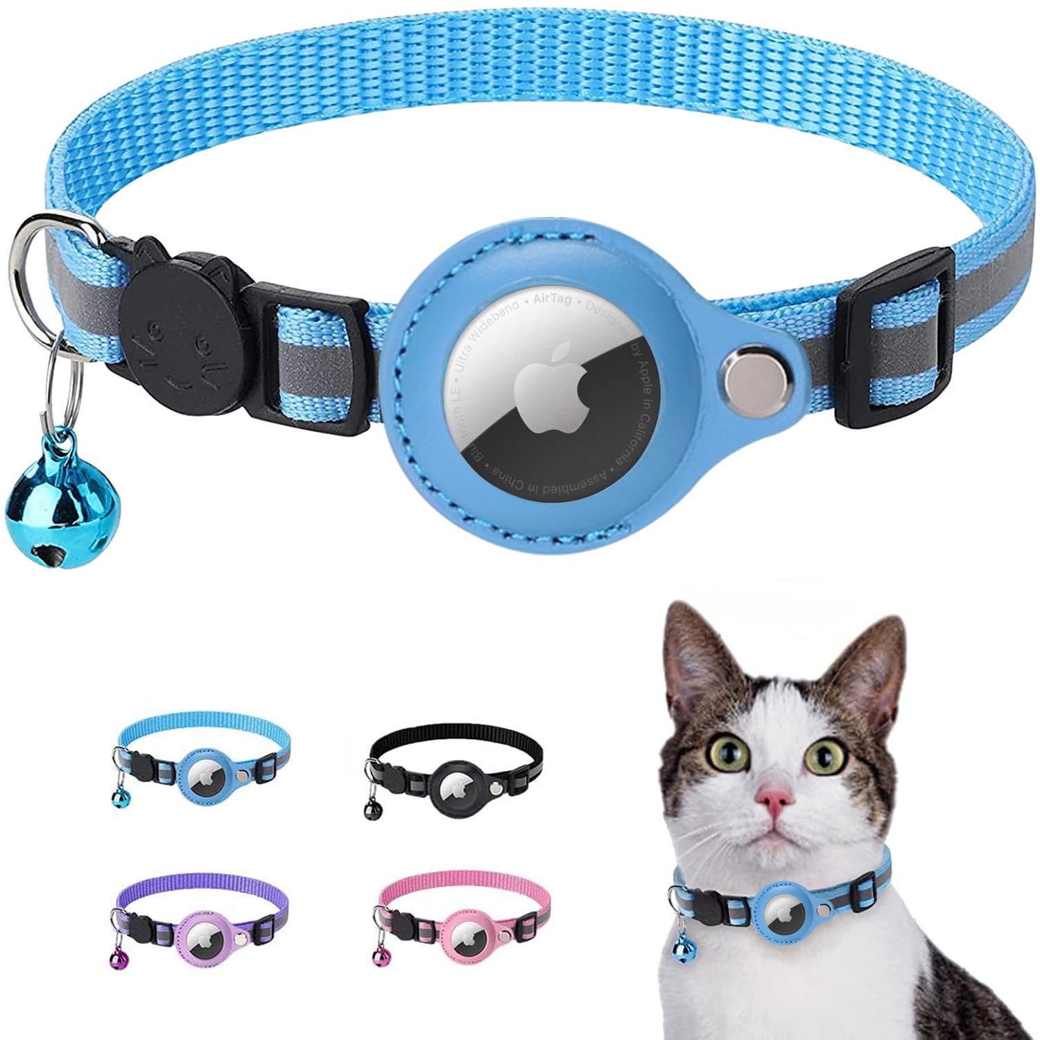 Cat Collar Breakaway with Airtag Holder - Adjustable Reflective AirTag Cat Collar with Bell Integrated Kitten Collar GPS Cat Collars Tracker for Girl Boy Cats Puppies (Blue)