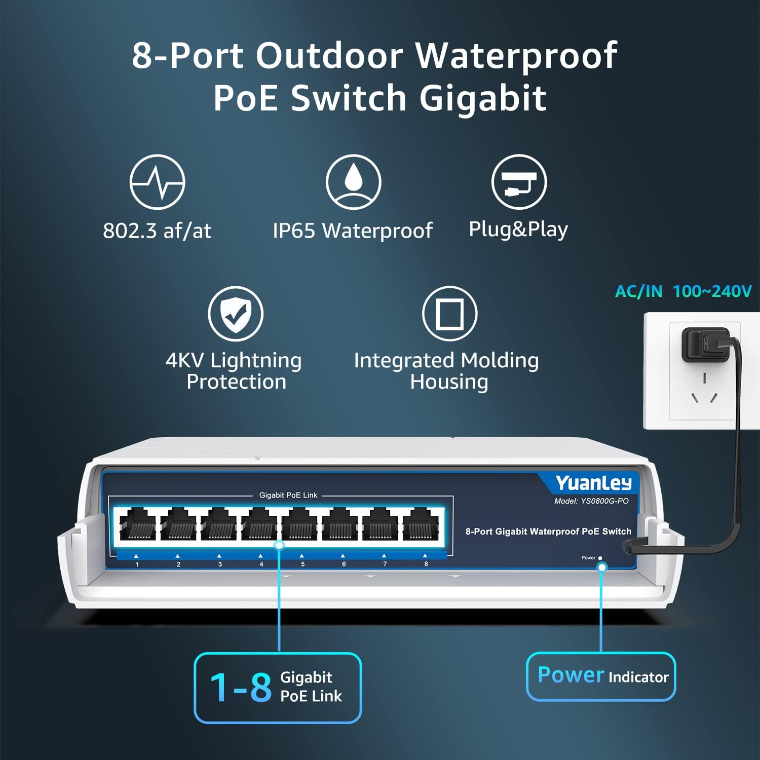 YuanLey 8-Port PoE Switch Gigabit- Waterproof Outdoor – Side View