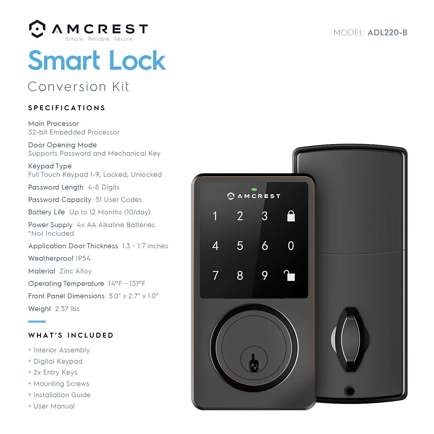 Amcrest Keyless Entry Door Lock Deadbolt, Digital Door Locks with Keypads, Smart Lock, Electronic Keypad Door Knob Cylinder Deadbolt, Automatic Locking, Heavy Duty Commercial Grade ADL220-B