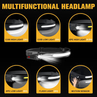 Lammyner LED Headlamp Rechargeable 2PCS, Extremely Bright Rechargeable Headlamp, 230° Wide Beam Head Lamp with Motion Sensor, Lightweight Waterproof Headlamp Flashlight for Hiking Running Camping Gear