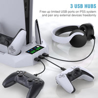 CYKOARMOR PS5 Stand and Cooling Station with Dual Controller Charging Station for Playstation 5 Console, PS5 Accessories Incl. Controller Charger, Cooling fan, Headset holder, 3 USB Hub, White