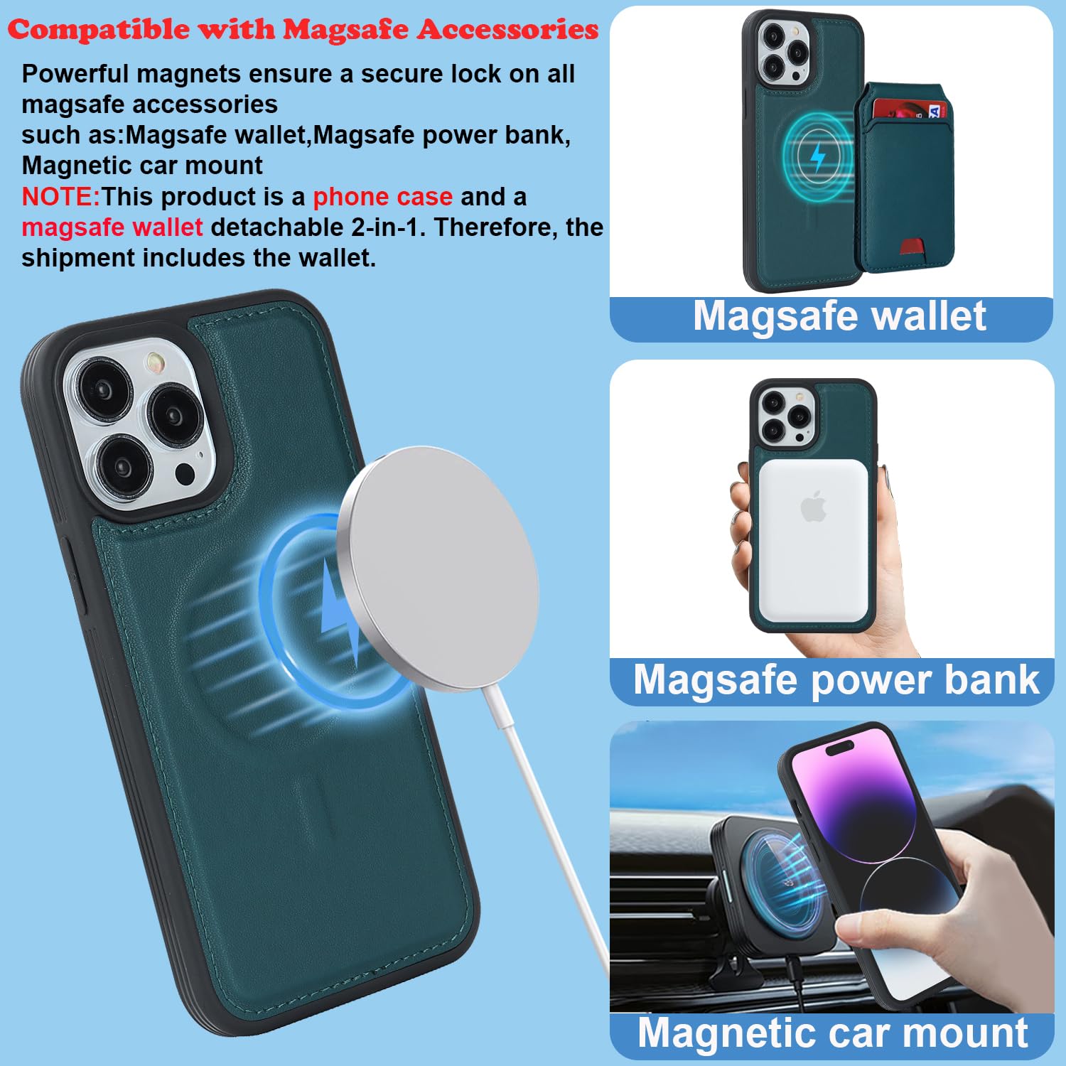 Ｈａｖａｙａ iPhone 14 Pro Case Magsafe,iPhone 14 Pro Phone case with Card Holder,case Wallet Magnetic Detachable,Mag-Safe Compatible with Kickstand for Women and Men-Green