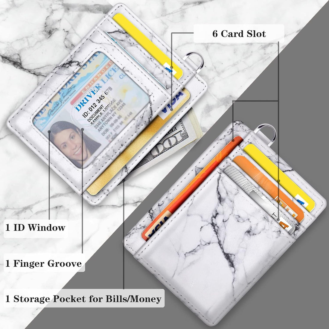 Slim Front Pocket Wallet RFID ID Card Holder Cute Small Wallet with Keychian for Women, Z White Marble+lanyard, Card Holder+Lanyard