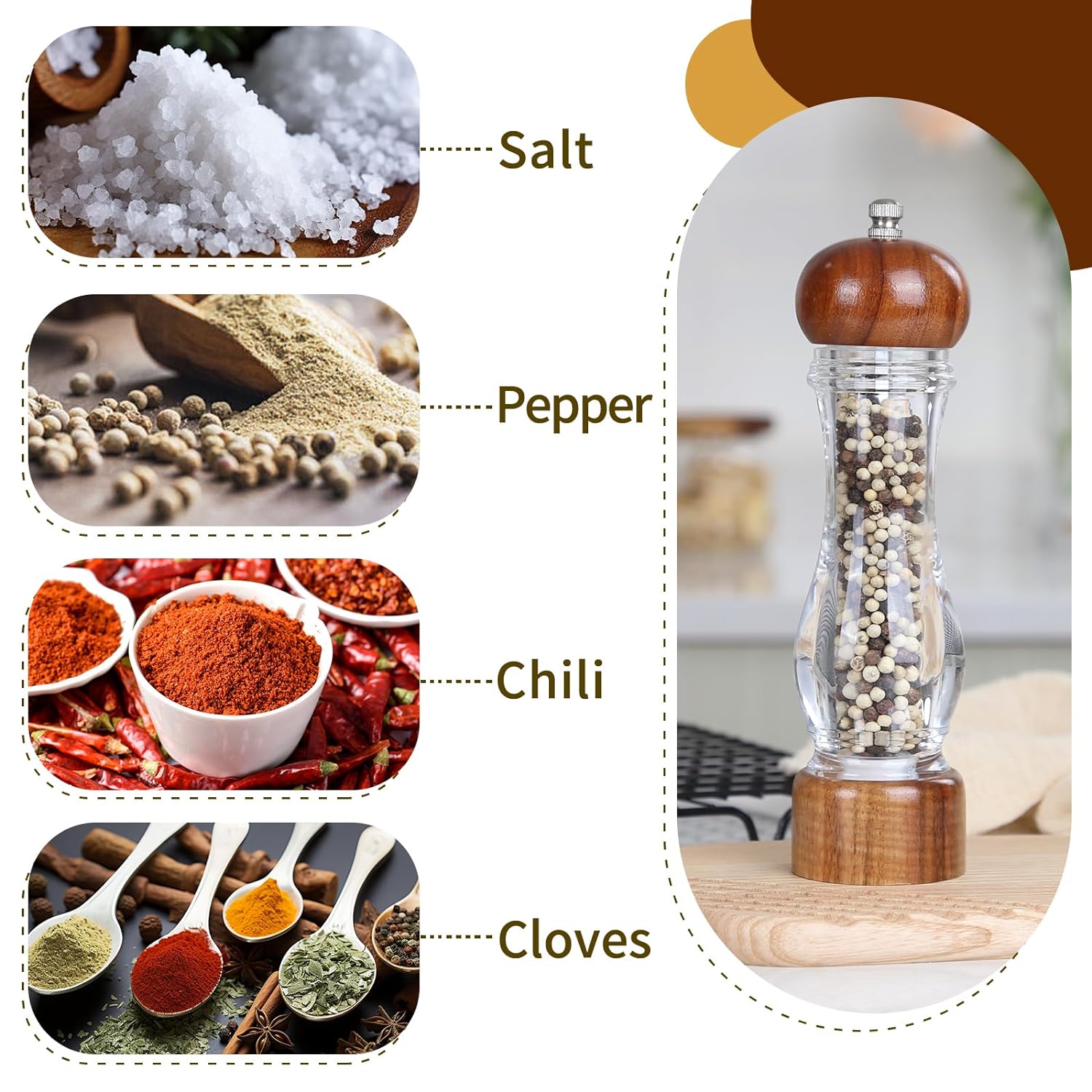 Ken's Kitchen Acrylic Salt and Pepper Grinder, Manual Salt and Pepper Mills, Wooden Shakers with Adjustable Ceramic Core,Salt Grinder and Pepper Mill, 8 Inches,1 Pack