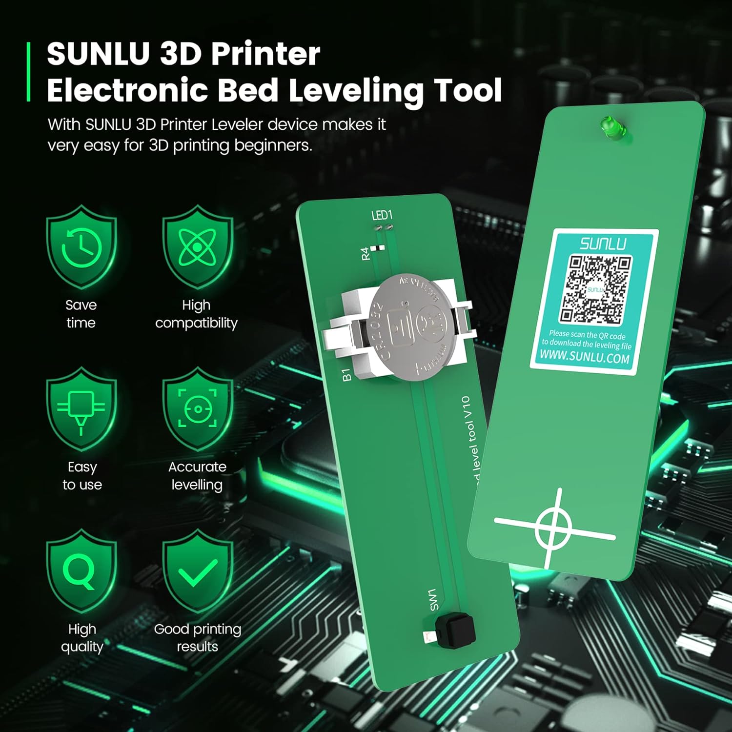 2 Packs SUNLU 3D Printer Leveler, 3D Printer Electronic Bed Leveling Tool, 3D Printer Accessories, Auto Bed Leveling Sensor Kit for Most FDM 3D Printers, Easy to Use, Equipped Four Batteries, Green