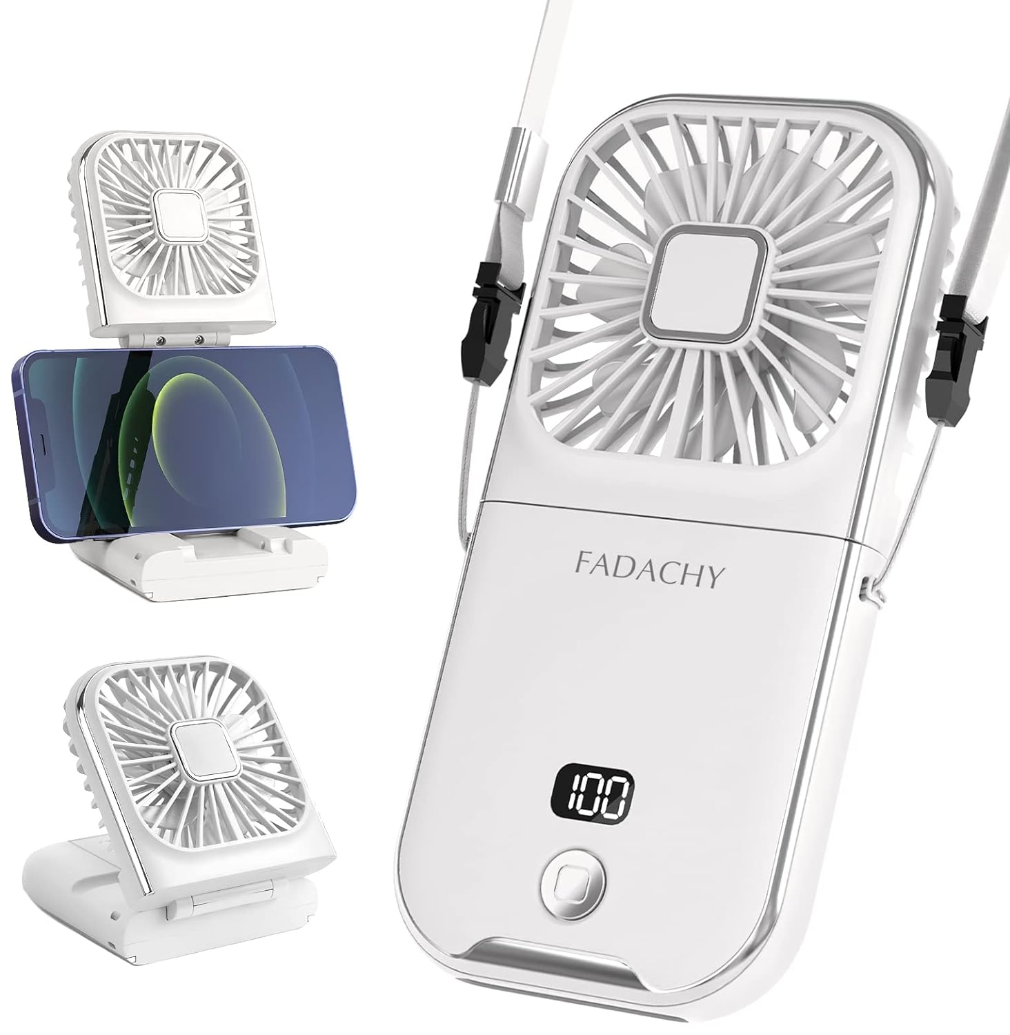 Mini Fan Portable Handheld Fan Rechargeable Small Battery Operated Personal Fan all in 1 as Power Bank, Phone Holder, Hand Held Fan, Mini Desk Fan, Travel Fan, USB Fan, 3000 mAh, 4 Speed, Neck lanyard