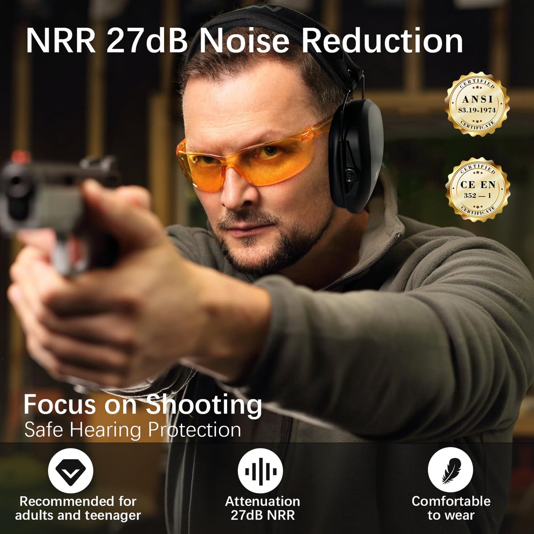 KAYNN 018 Shooting Range Ear Protection NRR 27dB, Adjustable Compact Noise Reducing Hearing Protection,Slim Shooting Earmuffs