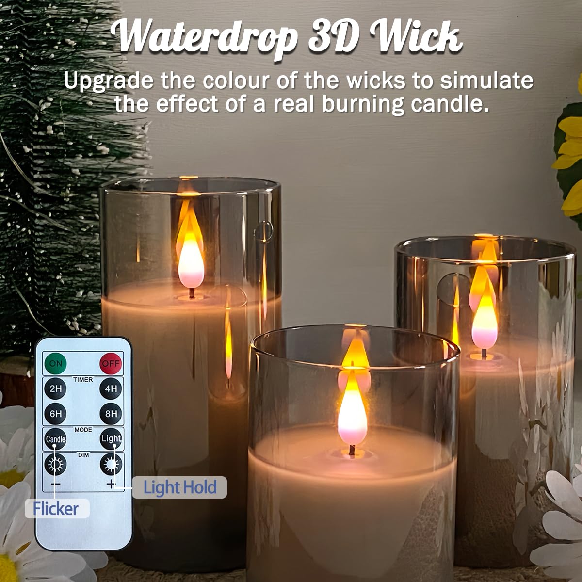 LEDHOLYT Flameless Candle, Flashing LED Pillar Candle with Remote Control and Timer, Upgraded Teardrop Wick with Blue Light, Built-in Battery Rechargeable Gray Electronic Candle, 1 Set of 3