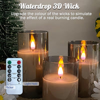 LEDHOLYT Flameless Candle, Flashing LED Pillar Candle with Remote Control and Timer, Upgraded Teardrop Wick with Blue Light, Built-in Battery Rechargeable Gray Electronic Candle, 1 Set of 3