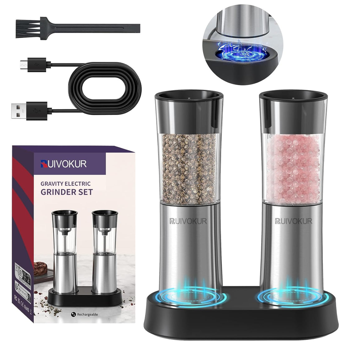 RUIVOKUR Automatic Salt and Pepper Grinder Set, Electric Salt and Pepper Grinder Set Rechargeable with Charging Base, 2 Pack USB Electric Pepper Grinder with Adjustable Coarseness for Kitchen