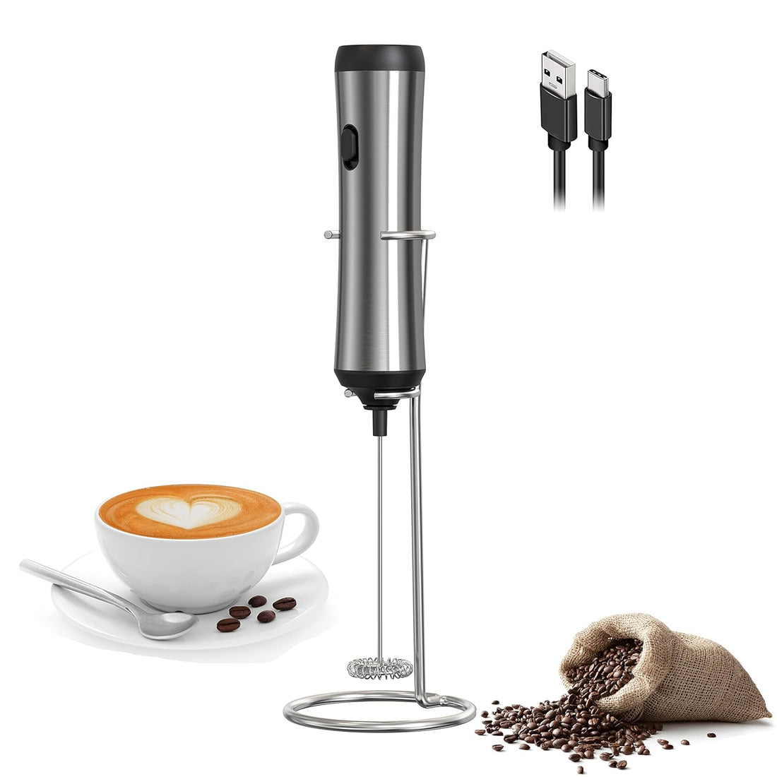 Rechargeable Milk Frother USB Charging Handheld Foam Maker with Balloon Whisk