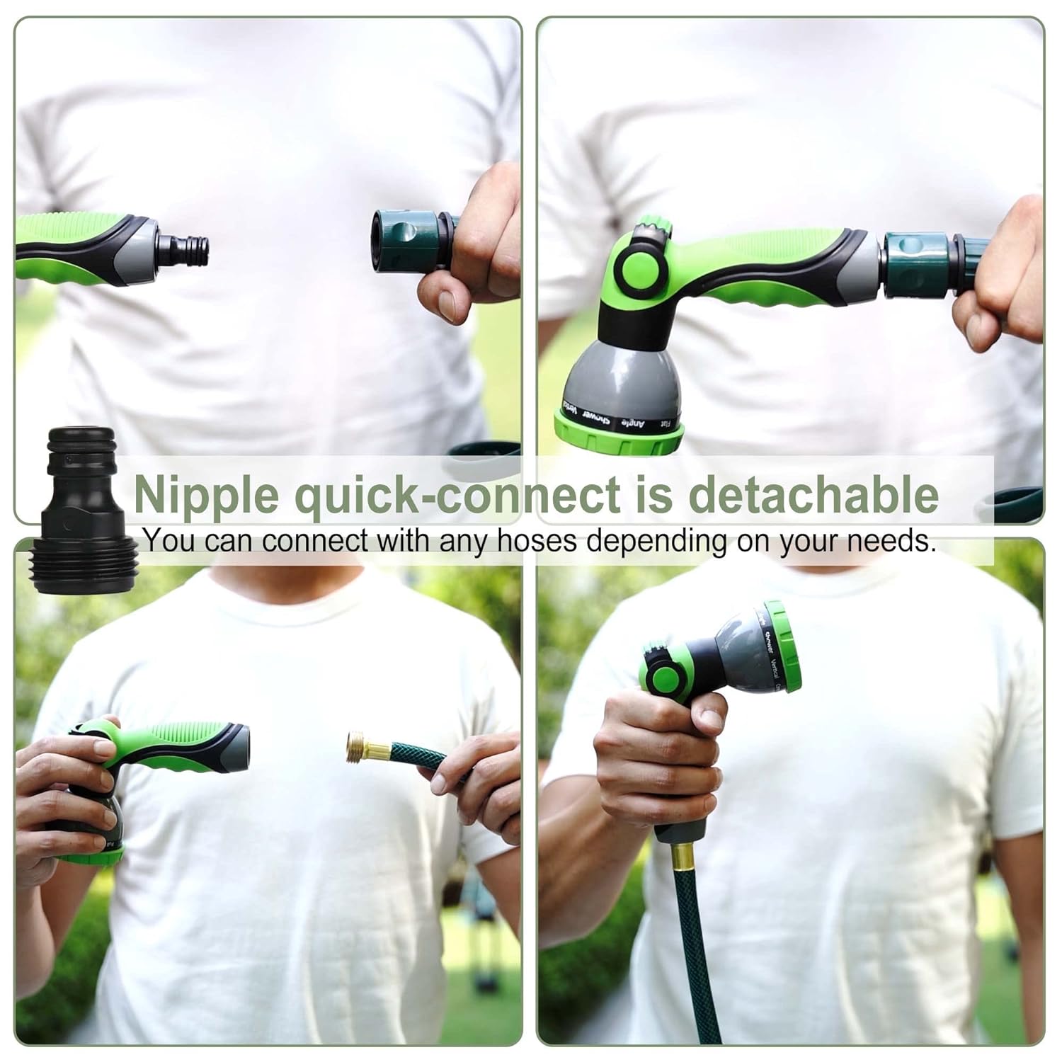 FUNJEE Garden Hose Nozzle, Thumb Flow Control Sprayer, On/Off Valve Spray Nozzle, Quick Connector, High-Pressure, for Watering Plants & Lawns (ABS SET(1+10 Pattern), Green)