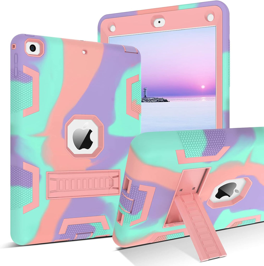 BENTOBEN iPad 6th Generation Cases, iPad 5th Generation Case, iPad 9.7 2018/2017 Case, 3 in 1 Heavy Duty Rugged Shockproof Kickstand Protective Cover for iPad 9.7 Inch 2018/2017, Camouflage/Rose Gold