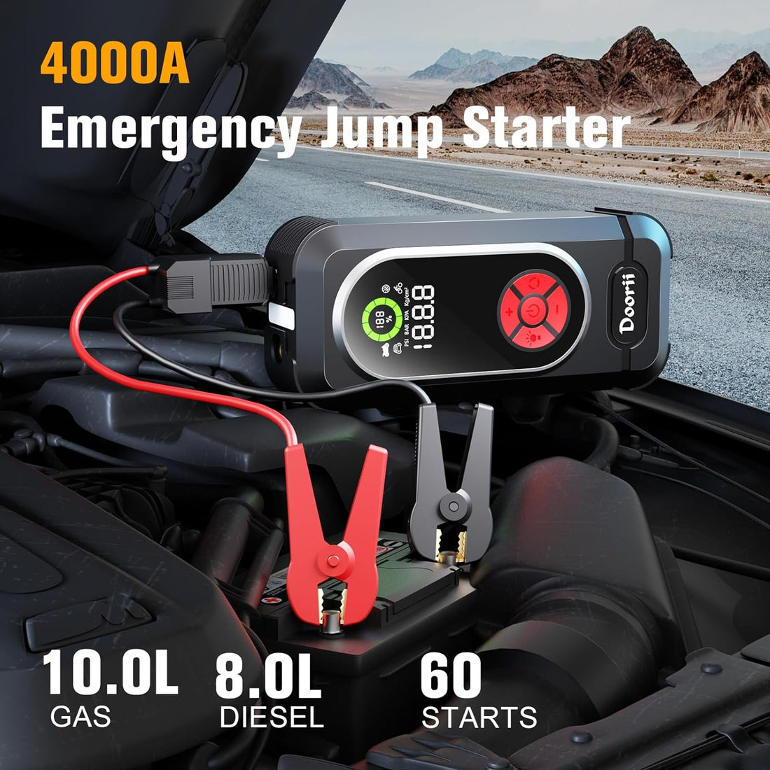 Doorii Q10 Car Jump Starter with Air Compressor, 4000A 150PSI Jump Starter Battery Pack (10.0L Gas/8.0L Diesel) Digital Tire Inflator, 12V Car Battery Booster Portable Jump Box with Air Pump
