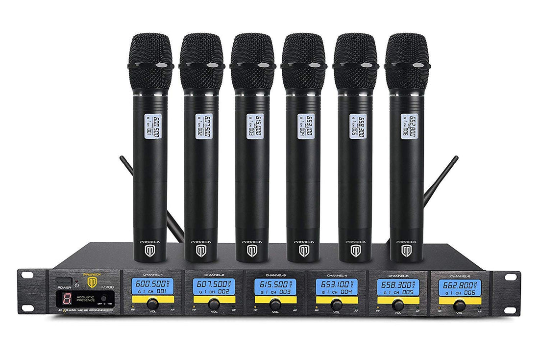 PRORECK MX66 6-Channel UHF Wireless Microphone System with 6 Hand-held Microphones Karaoke Machine for Party/Wedding/Church/Conference/Speech (628.5MHz 633.5MHz 638.5MHz 643.5MHz 648.5MHz 653.5MHz)
