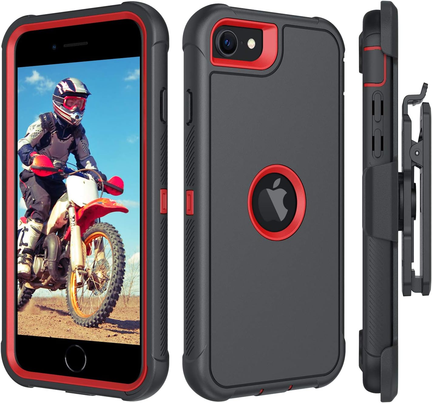 BENTOBEN iPhone SE 2022 Case, iPhone SE 2020 Case, Heavy Duty [3 Layers] Shockproof Full Body Rugged Hybrid Case for iPhone SE 3rd/2nd Generation 4.7" with Kickstand Belt Clip Holster Cover, Black&Red