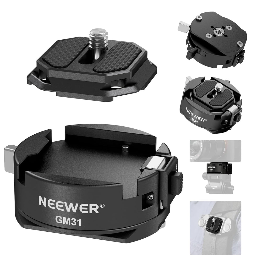 NEEWER Arca Type Quick Release Plate Kit with Auto Locking, Square QR Camera Mounting Plate Compatible with PD Peak Design, 1/4" 3/8" Thread for Tripod Head Slider Compatible with DJI RS Gimbal, GM31