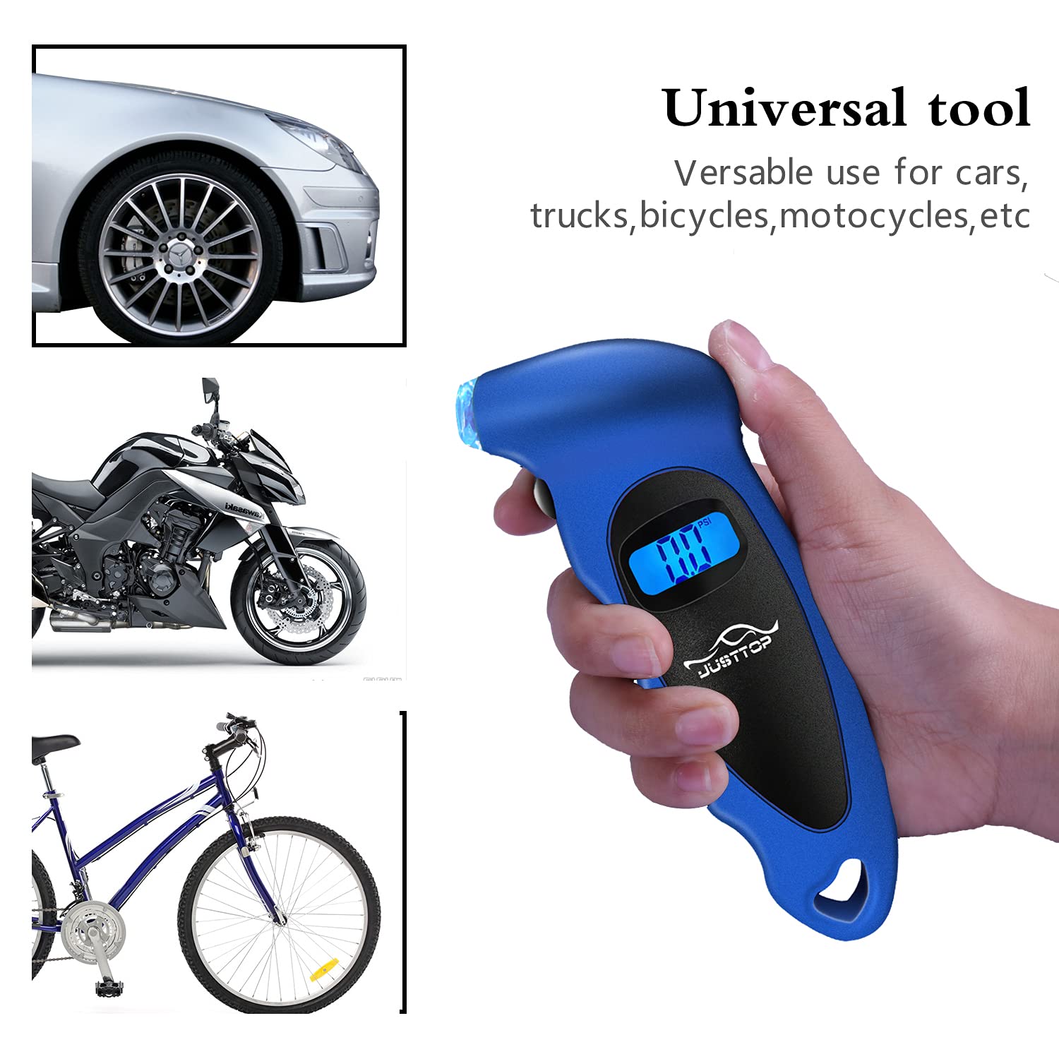 JUSTTOP 2 Pack Digital Tire Pressure Gauge, 150PSI 4 Setting for Cars, Trucks and Bicycles, Backlit LCD and Anti-Skid Grip for Easy and Accurate Reading(Blue)
