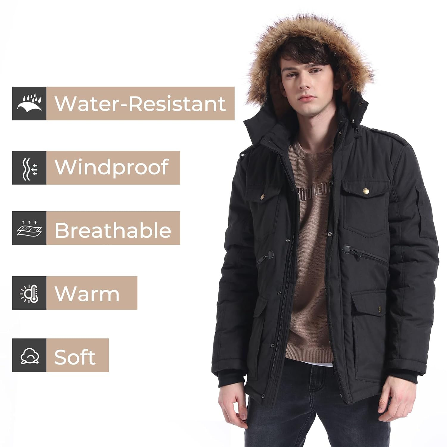 Yozai Mens Winter Military Warm Jacket Fleece Coat with Detachable Fur Hood Outwear Black Medium