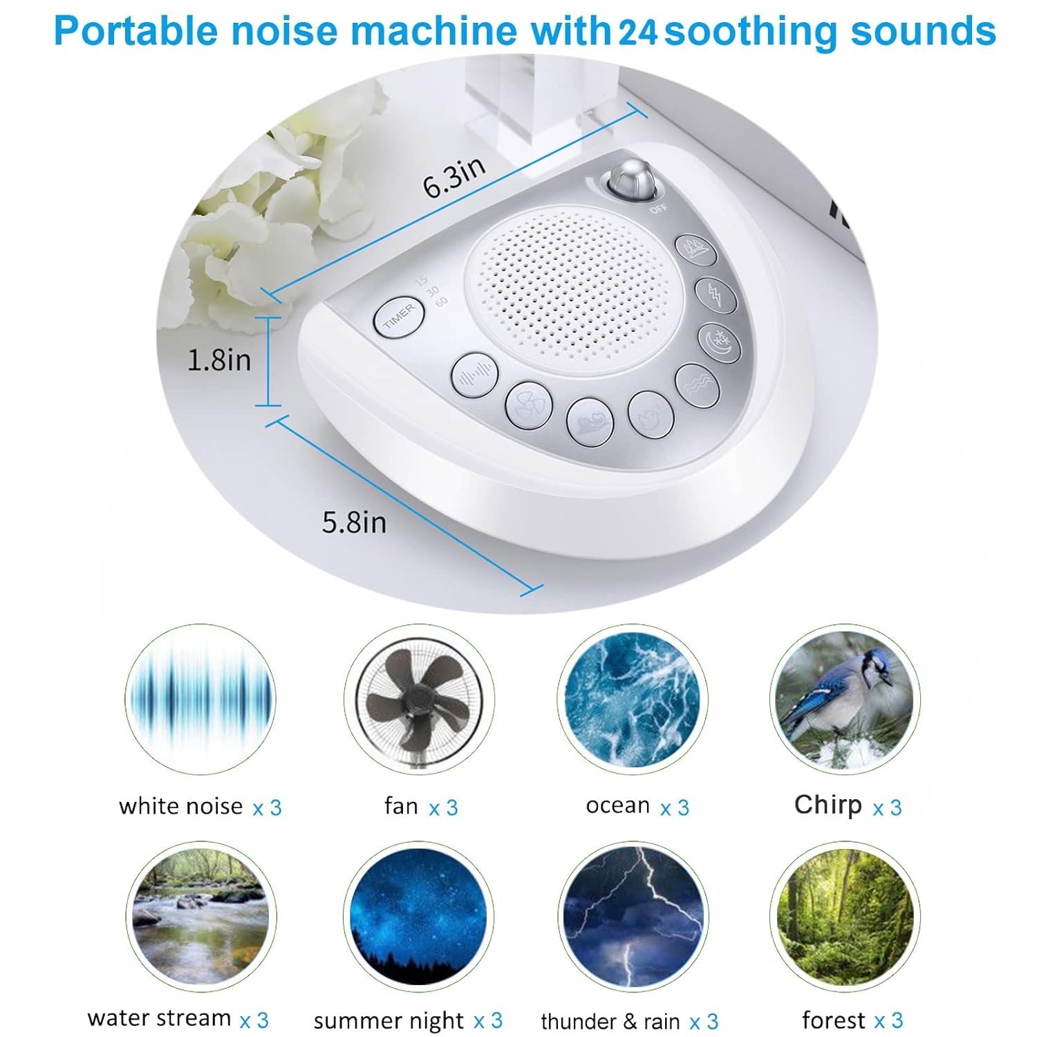 White Noise Sound Machine - Raynic Sleep Therapy Portable Spa Relaxation Machine with 8 Natural Soothing Sounds, Sleep Timer, Headphone Jack, USB Port for Baby, Kids, Adults, Traveler, Office, bedroom