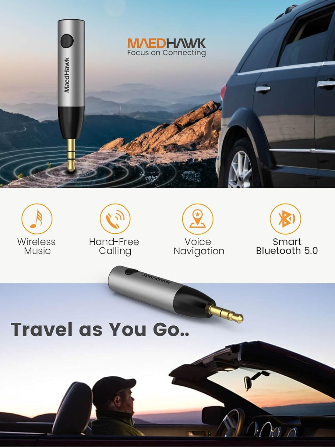 Bluetooth 5.0 Receiver, MaedHawk Bluetooth Aux Adapter/Portable Wireless Audio Car Kit (A2DP, Built in Microphone, Dual Link) with 3.5mm Jack for Home Music Streaming Stereo,Headphones,Speakers