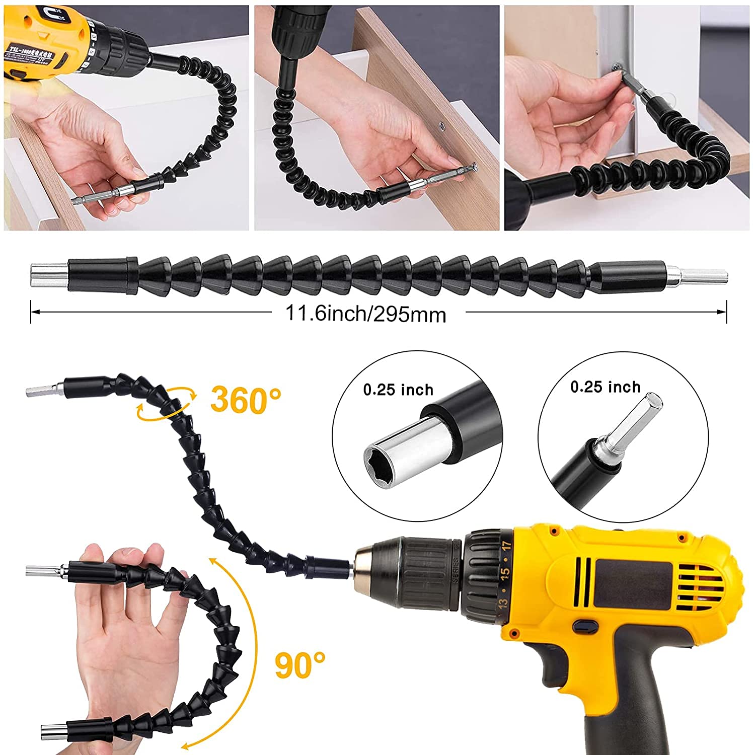 Flexible Drill Bit Extension and Universal Socket Wrench Tool Set, Hex Shank 105° Right Angle Drill Attachmen, 3pcs 1/4 3/8 1/2" Universal Socket Adapter Set and Screwdriver Bit Kit