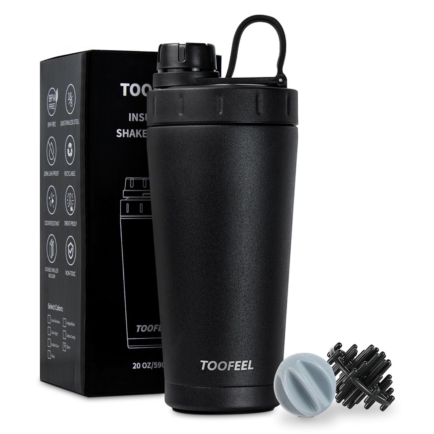 TOOFEEL Shaker Bottle Stainless Steel - 20 oz Double Walled Insulated Shaker Cups for Protein Shakes, Keeps Cold/Hot, Shaker Bottle for Protein Mixes, Gym Workout Protein Shaker Bottle