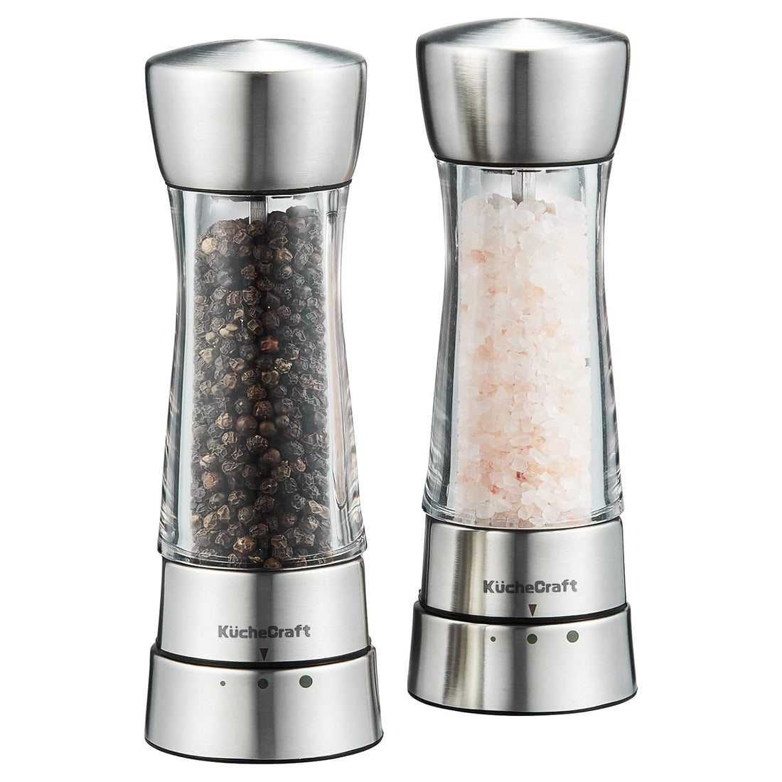 KucheCraft Salt and Pepper Grinder Set - Easy Grip Pepper Mill Grinder and Salt Grinder Refillable - Stainless Steel Peppercorn Grinder with Upgraded Grinding Precision