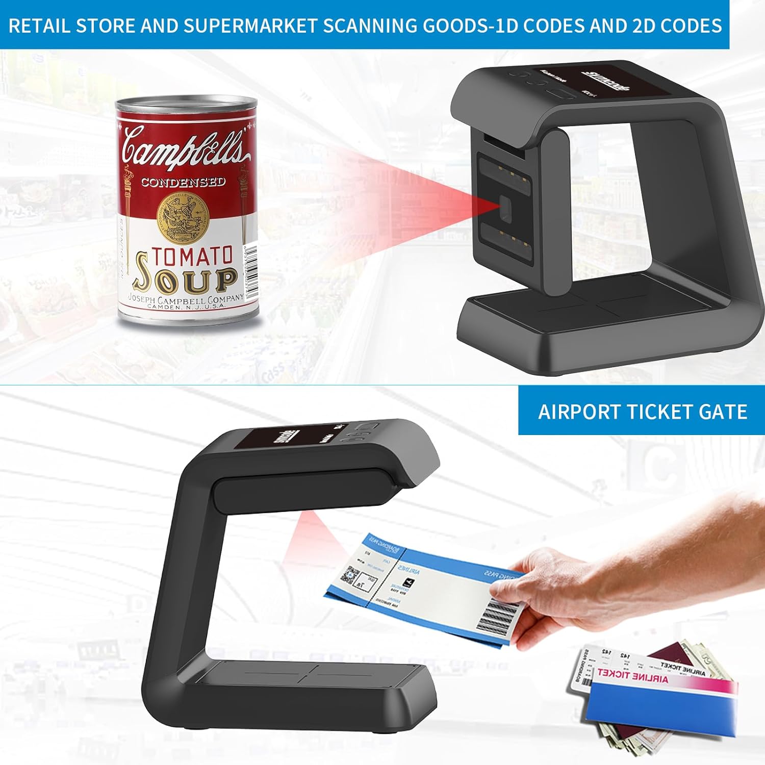 Symcode 2D QR Hands-Free Barcode Scanner Omnidirectional Automatic Sensing Scanning USB Connection Desktop Barcode Reader, Wired Bar Code Reader Screen Scanningfor POS PC Airport, Supermarket