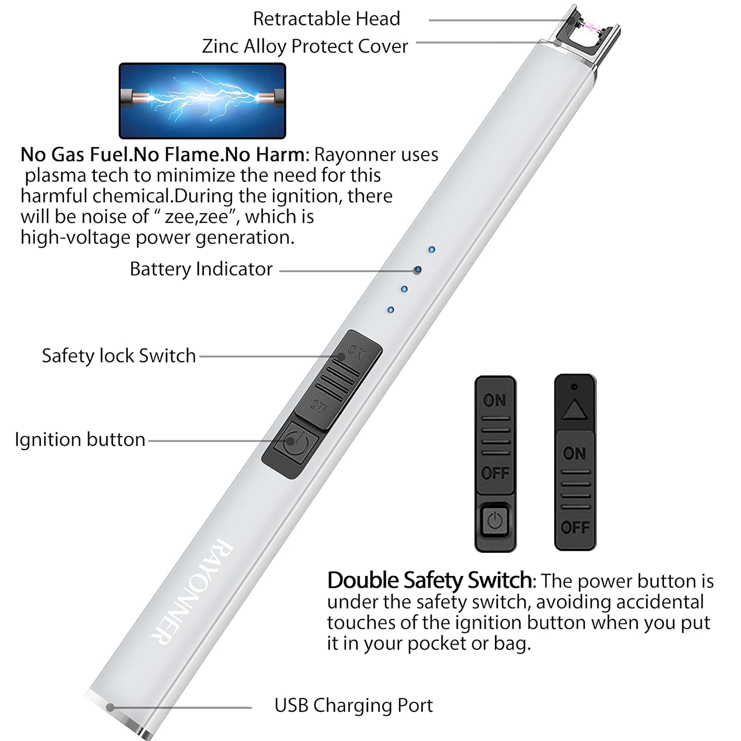 RAYONNER Lighter Electric Lighter Candle Lighter Rechargeable USB Lighter Arc Lighter