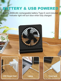 Tevelecin Small Desk Fan, 2000mAh Rechargeable USB Fan Battery Operated,Ultra Quiet, Strong Wind, 3 Speeds Travel Fan