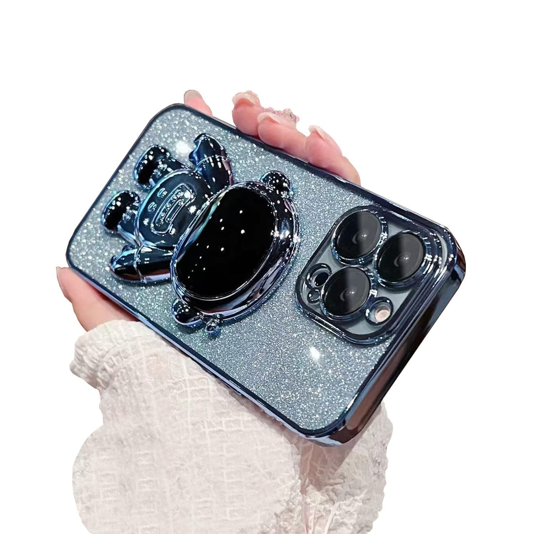 QoKcoahn Astronaut Hidden Stand Phone Case for iPhone 14 Pro Max,Cute Astronaut Folding Bracket Kickstand Luxury Glitter Bling 6D Electroplated Soft TPU Protective Case for Men Women Blue