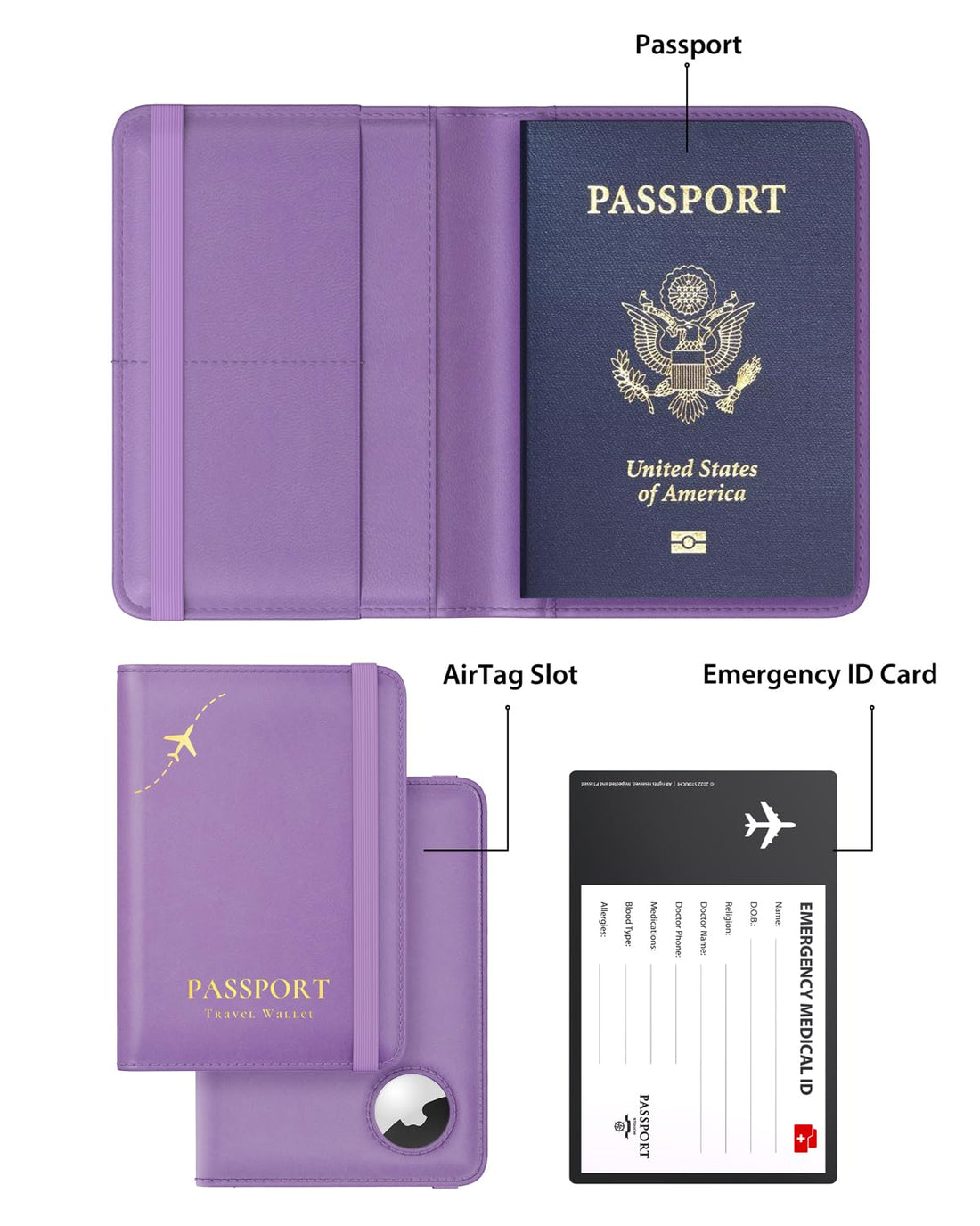 Stouchi AirTag Passport Holder, Anti-Lost Passport Holder with Airtag Slot, Passport Wallet Cover with RFID Blocking, Leather Passport Case Travel Accessories for Women, Purple, Purple, Fashion Simple Slim Cute Multiple