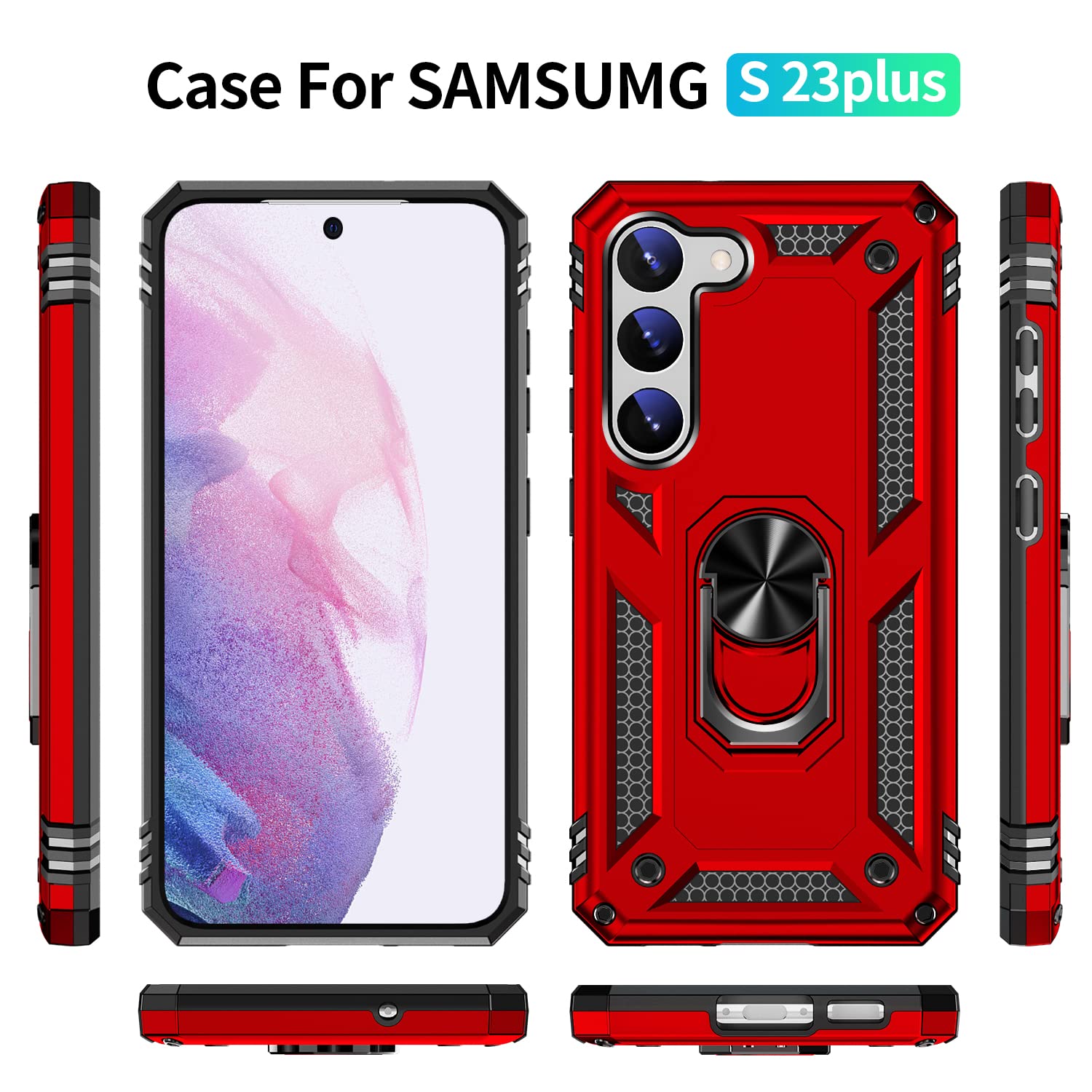 AFARER Full Body Military Grade Shockproof Phone Case Perfect for Samsung Galaxy S23 Plus 5G 6.6" with 360° Rotating Magnetic Finger Holder-Slim and Heavy Duty Phone Cover (Red)