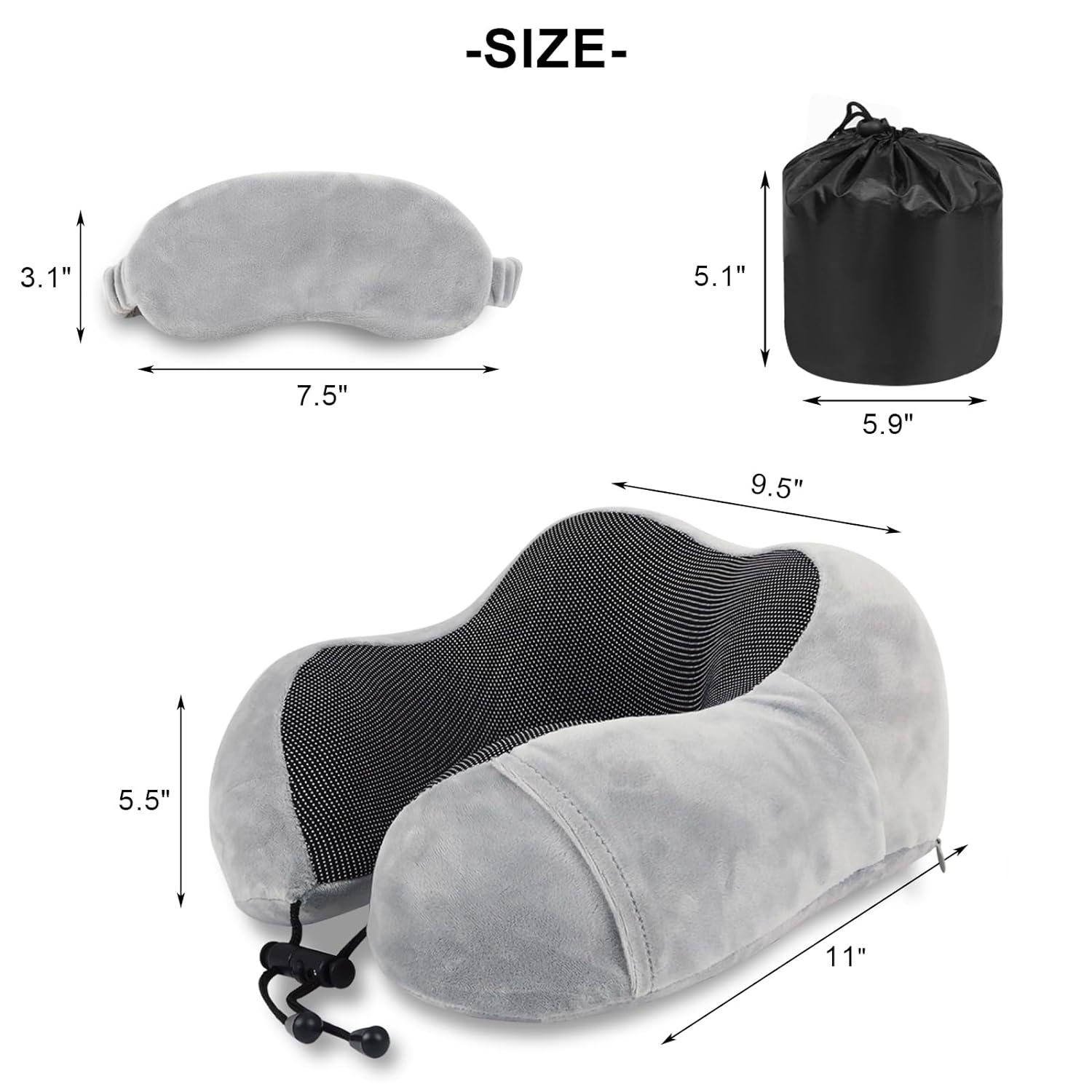 Pure Memory Foam Travel Pillow Set for Adults - Comfortable & Breathable Removable Cover, Airplane Travel Kit with Eye Mask & Portable Storage Bags for Plane Accessories - Grey