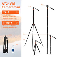 GEEKOTO 77 Inches Video Camera Tripod, Aluminum Tripod with 1/4" Screws Fluid Drag Pan Head, Professional Tripod for DSLR Cameras Video Camcorders Load Capacity Up to 20 Pounds