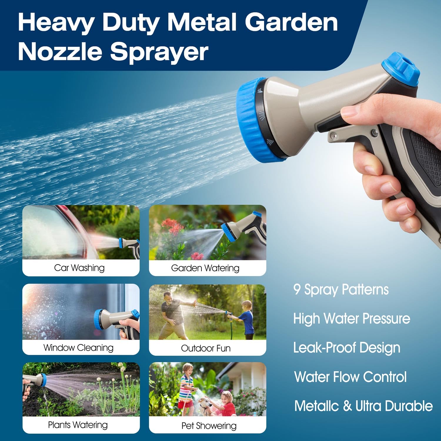 Gsinodrs Garden Hose Nozzle, Heavy Duty Metal Water Hose Nozzle with 9 Adjustable Spray Patterns, High Pressure Hand Sprayer with Flow Control for Watering Plants & Lawns, Washing Cars & Pets