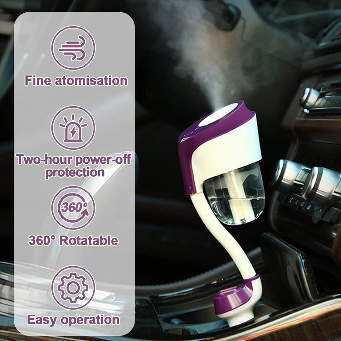 Car Humidifier, Car Diffuser, 50 ML Portable Ultrasonic Cool Atomization Humidifier with 2 USB Charger, 12V Mini Travel Aromatherapy Essential Oil Diffuser (Purple)