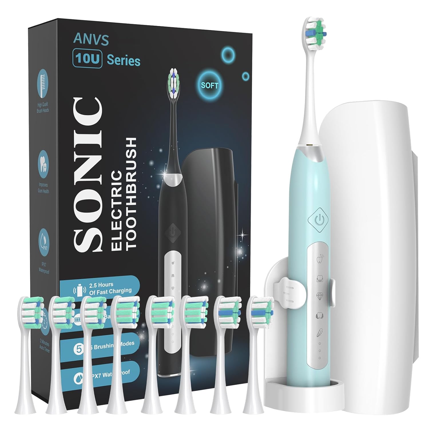 Sonic Electric Toothbrushes for Adults, 8 Brush Heads Electric Toothbrush Deep Clean 5 Modes, Rechargeable Travel Toothbrushes Fast Charge with 2 Minutes Smart Timer (Light Green)