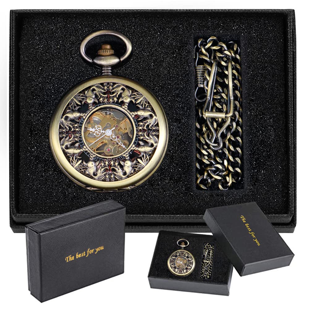 Alwesam Mechanical Hand Wind Pocket Watch Roman Numerals Scale Steampunk with Chain Box