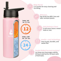 Farsea Insulated Stainless Steel Water Bottle, Vacuum Wide Mouth Water Flask with Straw Lids and Paracord Handle, Double Wall Sweat-proof BPA Free, 18 oz, Pink