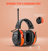 Hocazor HP033 Bluetooth AM FM Radio Headphones, Type-C Charging Port Hearing Protection Earmuffs with Rechargeable 2000mAh Battery for Mowing, Snowblowing, Workshops, Orange